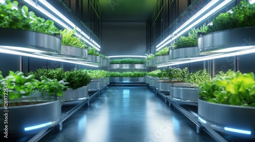 Obraz na płótnie Modern Indoor Vertical Garden with Bright LED Lights and Fresh Green Plants in Urban Setting w salonie