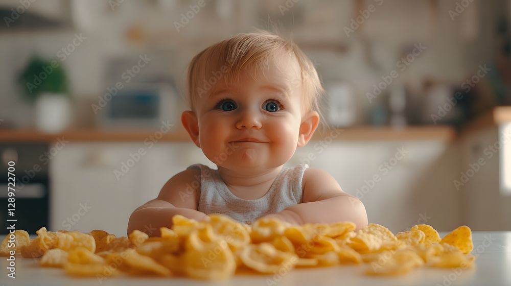 Baby with tortilla chips. Cute infant with big blue eyes sits at table filled with golden tortilla chips in cozy kitchen background Baby with tortilla chips. Cute infant with big blue eyes sits at table filled with golden tortilla chips in cozy kitchen background