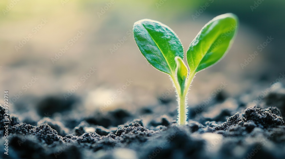 Fresh Green Seedling Emerging from Rich Dark Soil Under Soft Natural Light in a Vibrant Garden Setting
