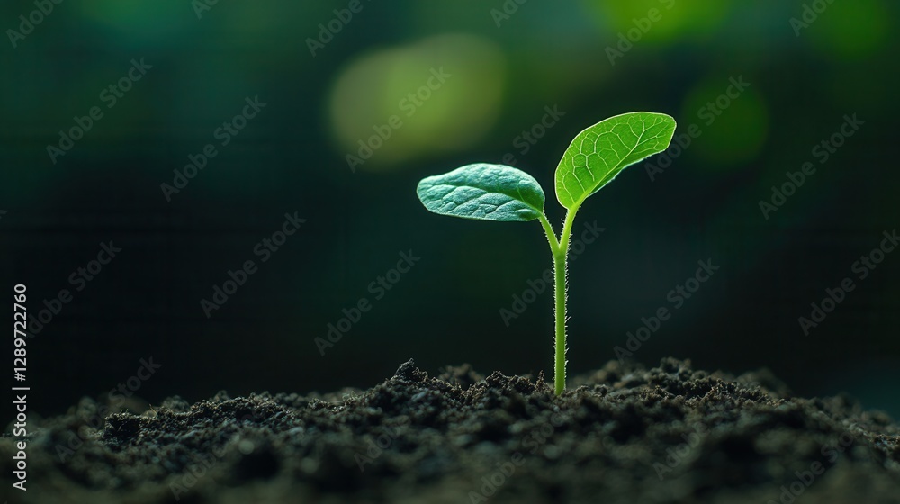 Fresh Green Sprout Emerging from Dark Rich Soil in a Vibrant Nature Background with Soft Focus