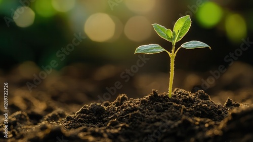Fresh Green Seedling Emerging from Rich Dark Soil Against a Soft Focus Background of Nature's Bokeh Effect