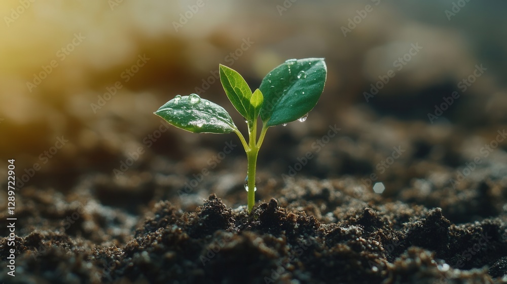 Fresh Green Seedling Emerging from Dark Soil with Raindrops Glimmering in Soft Natural Light