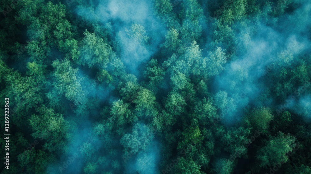 Lush Green Forest with Misty Fog Overhead Captured from Above in Vibrant Nature Setting