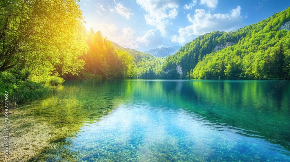 Serene Mountain Lake Surrounded by Lush Green Forest and Vibrant Blue Sky with Fluffy Clouds