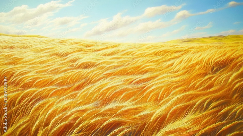Golden Wheat Field Under Blue Sky with Fluffy White Clouds, Capturing Nature's Serenity and Abundance