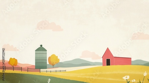 Obraz na płótnie Abstract Illustration of a Serene Farm Landscape with Red Barn and Green Silo Amidst Rolling Hills and Soft Clouds w salonie