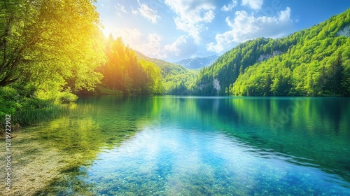 Obraz na płótnie Serene Mountain Lake Surrounded by Lush Green Forest and Vibrant Blue Sky with Fluffy Clouds w salonie