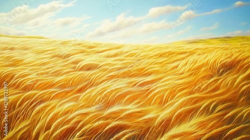 Obraz na płótnie Golden Wheat Field Under Blue Sky with Fluffy White Clouds, Capturing Nature's Serenity and Abundance w salonie