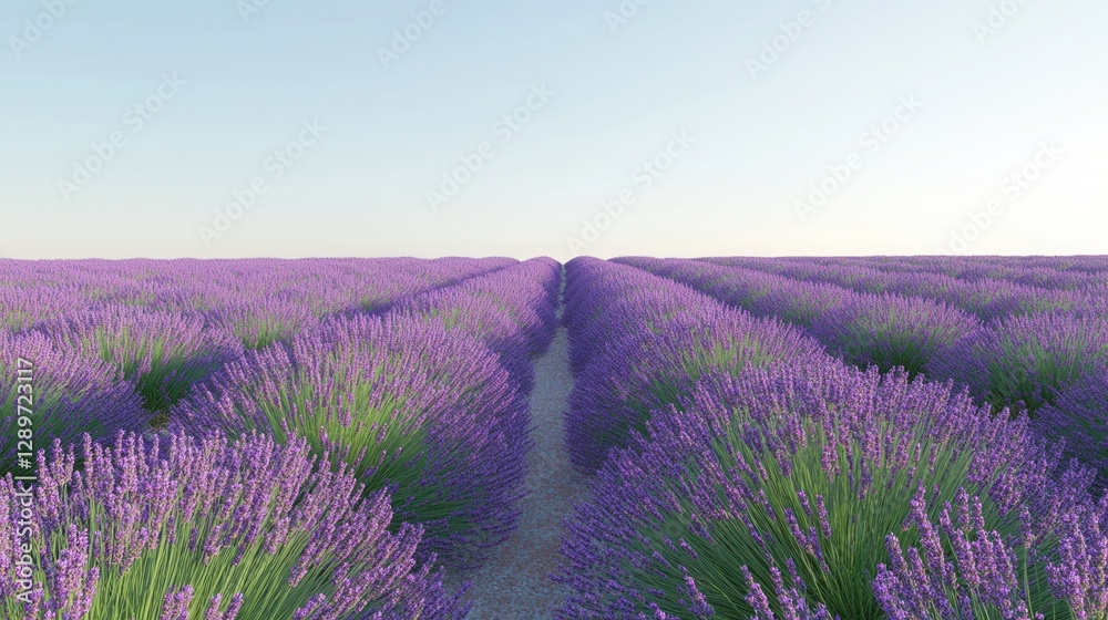 Scenic Lavender Fields under Clear Sky with Rows of Vibrant Purple Flowers in Agricultural Landscape