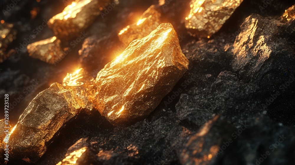 Glimmering Gold Nuggets on Dark Stones with Bright Reflections and Warm Lighting in a Natural Setting