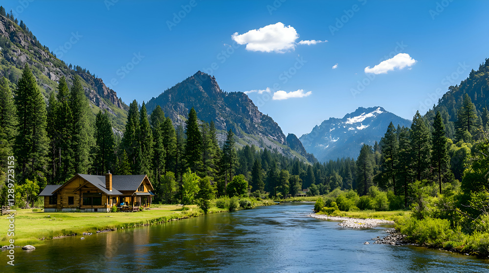 Fototapeta premium Rustic Cabin by a River in a Mountain Valley