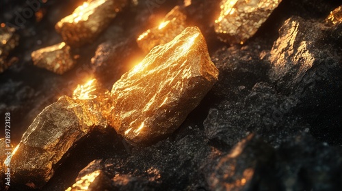 Obraz na płótnie Glimmering Gold Nuggets on Dark Stones with Bright Reflections and Warm Lighting in a Natural Setting w salonie