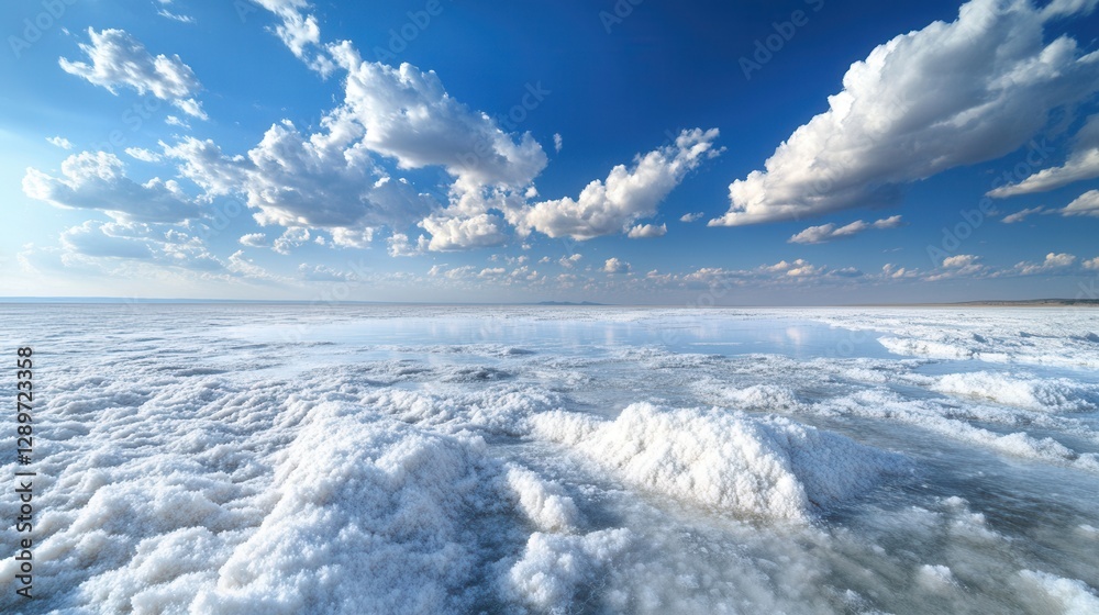 Expansive Salt Flat Under Dramatic Cloudy Sky with Reflection of Blue Horizon and Natural Texture of Salt Crystals Expansive Salt Flat Under Dramatic Cloudy Sky with Reflection of Blue Horizon and Natural Texture of Salt Crystals