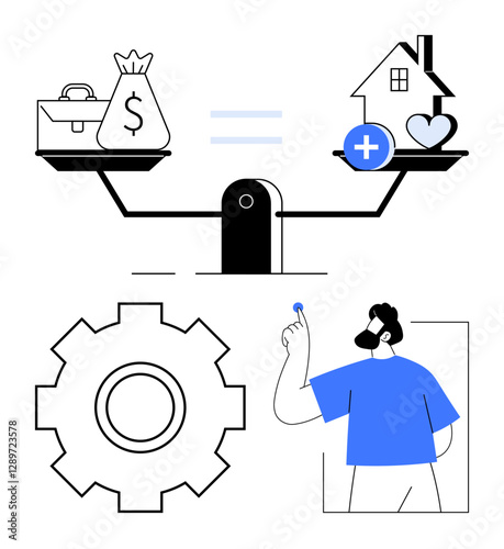 Scale balances money with home and health, gears signify processes, and man makes choice. Ideal for balance, decision-making, priorities, work-life harmony, efficiency, choices abstract line flat