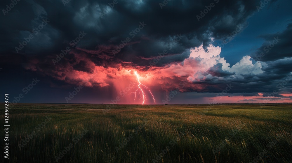 Fototapeta premium Dramatic Lightning Strikes Over Dark Storm Clouds and Vibrant Sunset Skies in Open Grassland Landscape