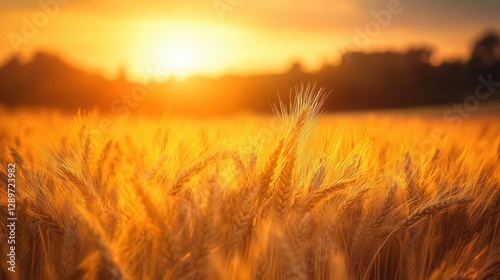 Golden Wheat Field at Sunset with Warm Sunlight Illuminating the Grain in a Beautiful Agricultural Landscape