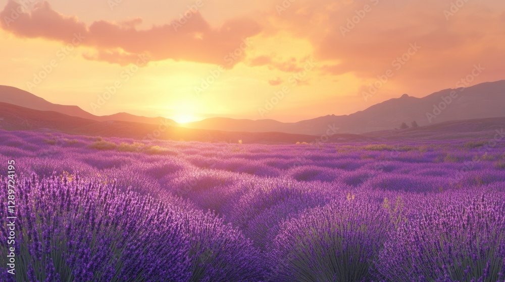 Serene Lavender Fields at Sunset with Vibrant Colors and Dramatic Sky Serene Lavender Fields at Sunset with Vibrant Colors and Dramatic Sky