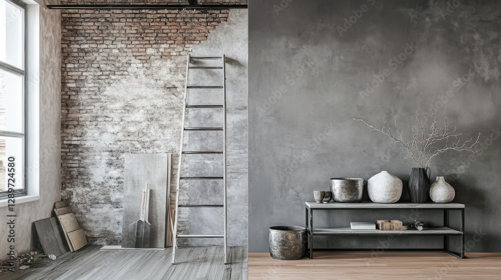 Half-renovated room with exposed brick