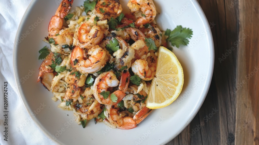 Grilled shrimp on plate with lemon wedge