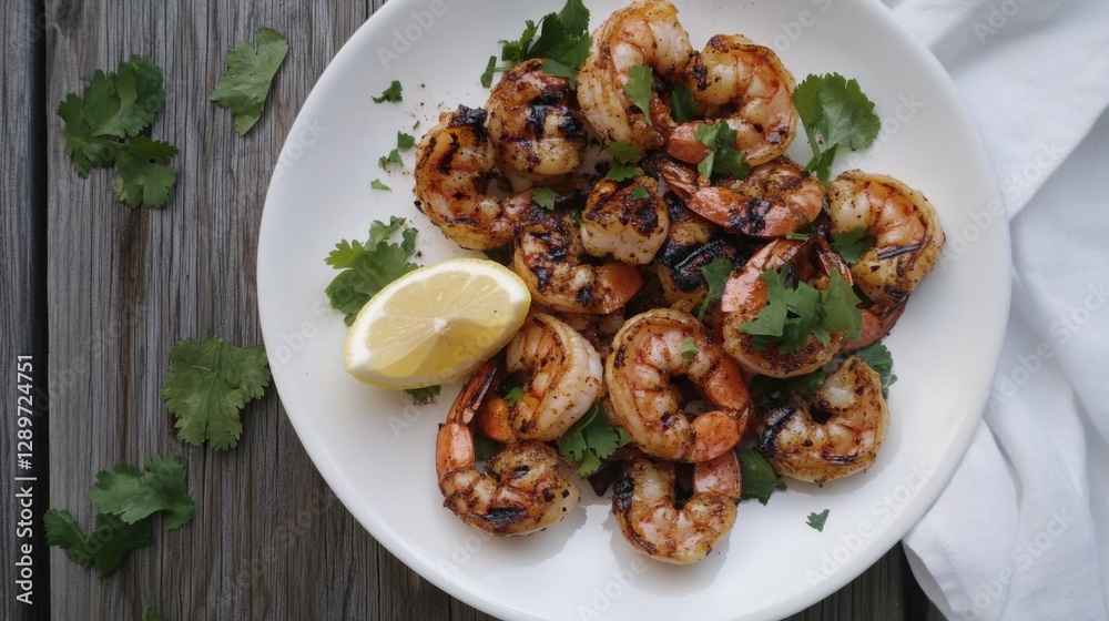 Grilled shrimp with cilantro and lemon wedge