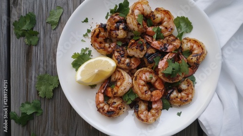 Obraz na płótnie Grilled shrimp with cilantro and lemon wedge w salonie