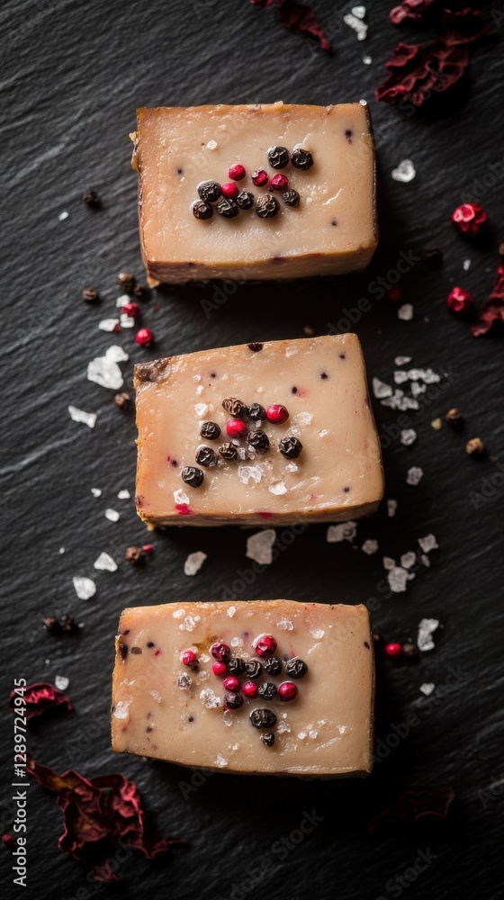 Gourmet foie gras slices with sea salt and peppercorns