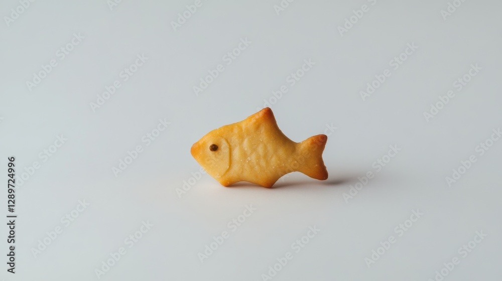 Golden-brown fish-shaped cracker on white background
