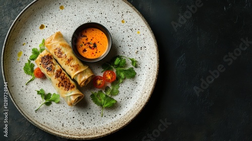 Golden spring rolls with dipping sauce and vegetables