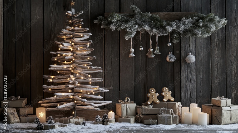 Festive wooden christmas tree with gifts and lights