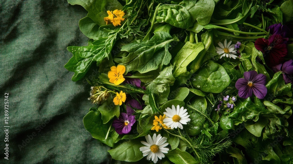 Fresh salad with edible flowers on green cloth
