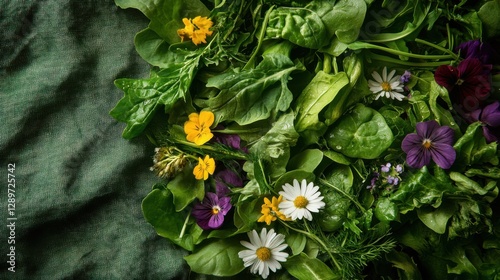Fresh salad with edible flowers on green cloth