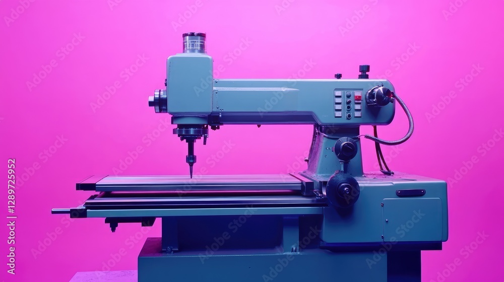 Fototapeta premium Industrial metalworking machine on an electric purple backdrop, sharp details