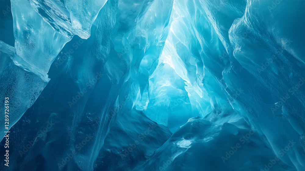 Obraz premium 青く輝く氷河のクレバス – 大地の歴史を刻む壮大な氷の世界