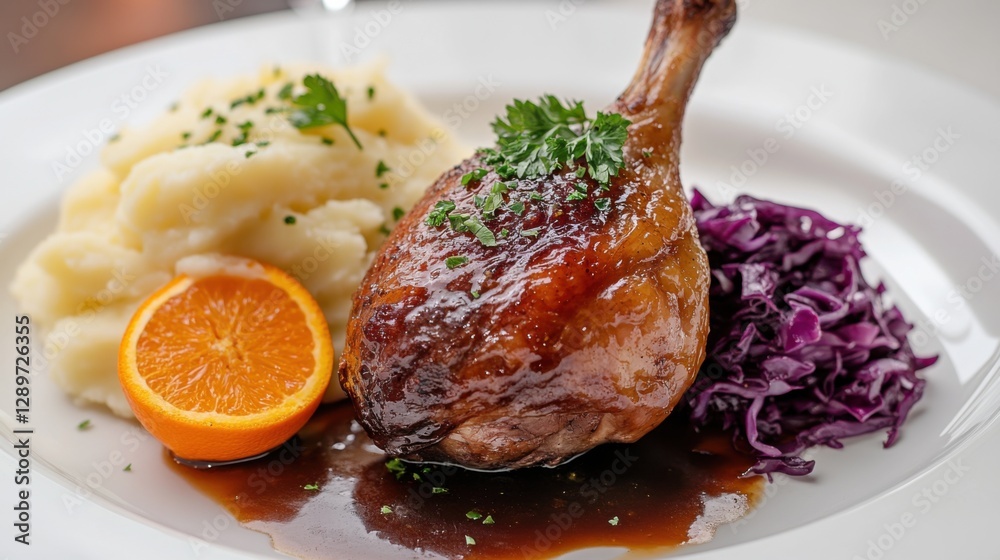 Elegant roasted duck leg with citrus garnish