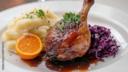 Obraz na płótnie Elegant roasted duck leg with citrus garnish w salonie