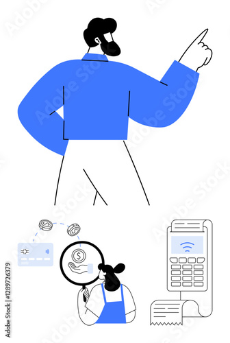 Businessman pointing, woman examining financials, credit card transaction, point of sale terminal. Ideal for business strategy, financial growth, online payments, technology integration, fintech