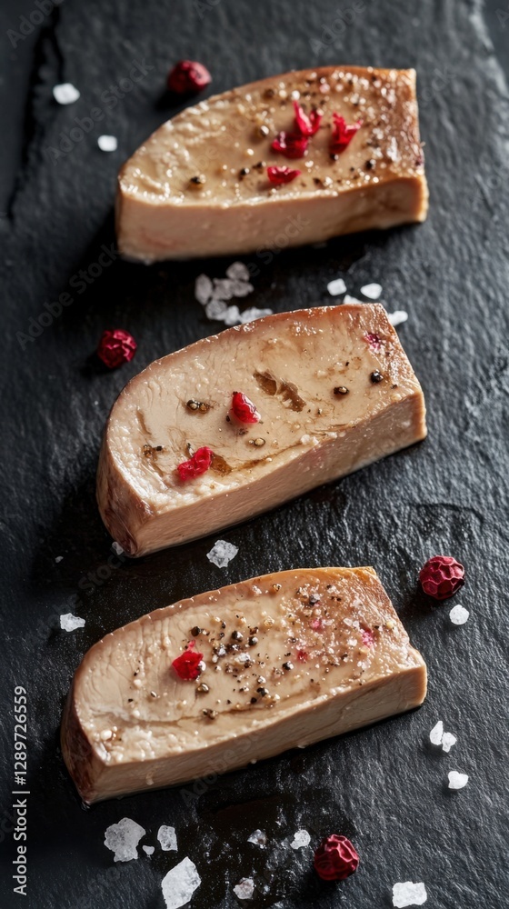 Elegant foie gras slices on dark slate background