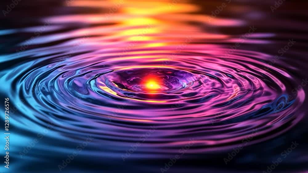 Colorful ripples in water, vibrant abstract patterns, central light source, background dark