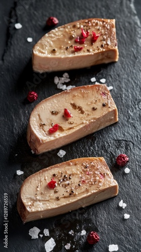 Obraz na płótnie Elegant foie gras slices on dark slate background w salonie
