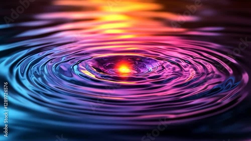 Colorful ripples in water, vibrant abstract patterns, central light source, background dark