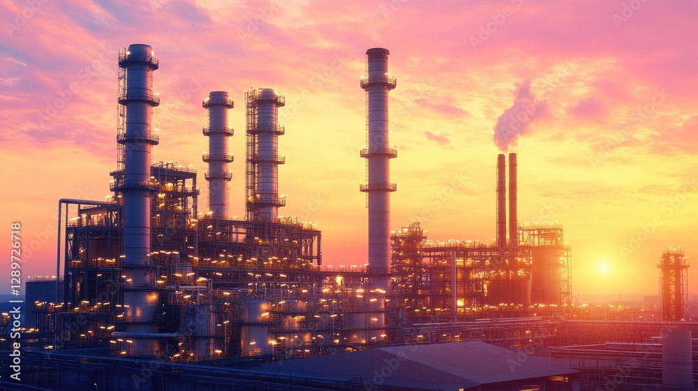 Large factory building with smokestacks against a soft pastel pink sky Large factory building with smokestacks against a soft pastel pink sky
