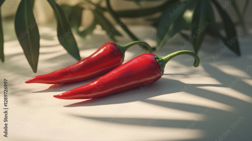 Dynamic red chili peppers with green leaves