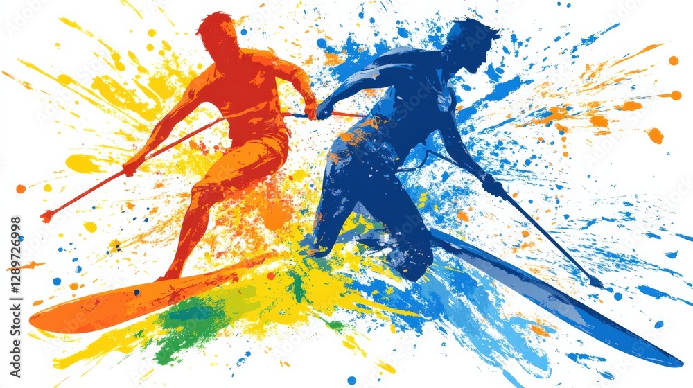 Fototapeta premium Energetic Paddleboarders in Action: Two Athletic Male Paddleboarders, One in Bright Orange and the Other in Cool Blue, Navigating Through a Vibrantly Colored Splash of Paint at Waterfront