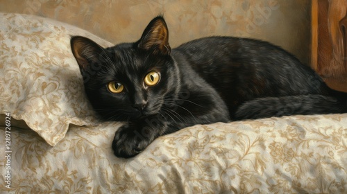 Elegant black cat relaxing on subtle bed