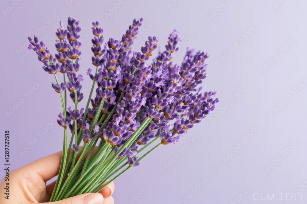 Fototapeta premium hand holding a bunch of lavender flowers on lilac background.