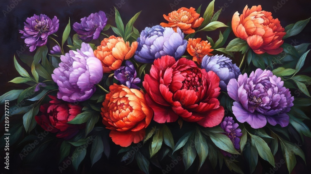Dramatic floral arrangement with peonies and leaves