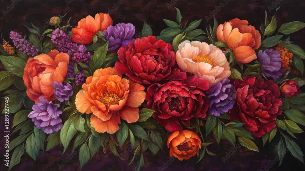 Dramatic floral arrangement with peonies and leaves