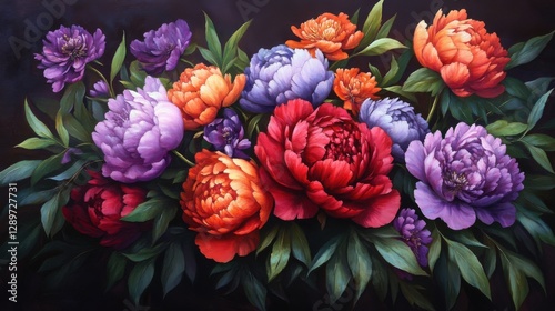 Obraz na płótnie Dramatic floral arrangement with peonies and leaves w salonie