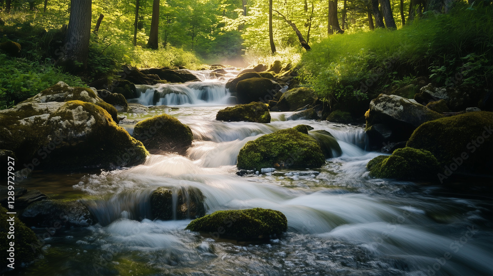 Obraz premium 渓流のせせらぎ – 滑らかに流れる水と自然の調和
