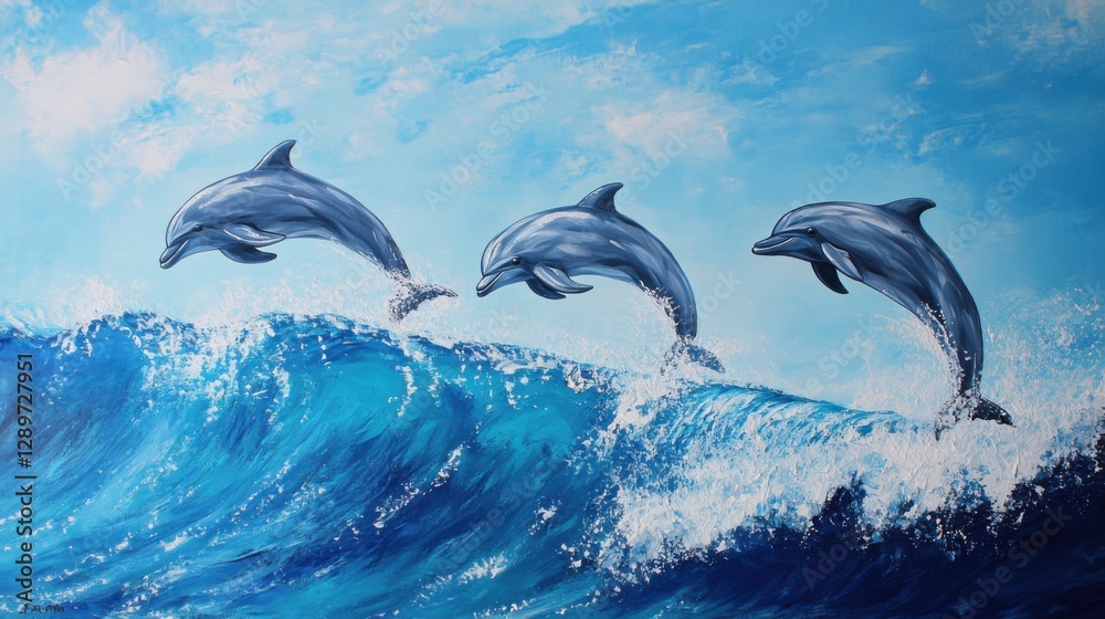 Dolphins leaping over vibrant ocean wave